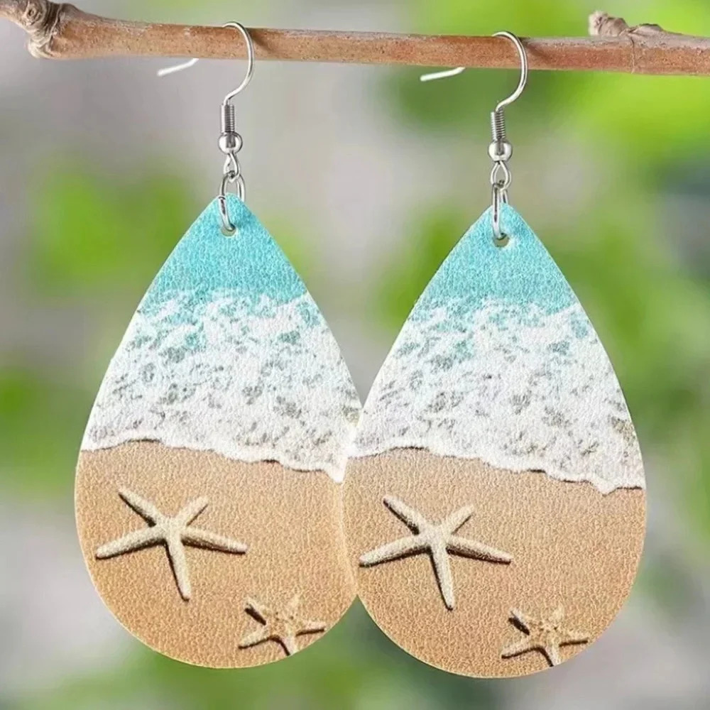 Ocean Beach Sea Wave Starfish Pattern Double-Sided Water Drop Dangle Earrings